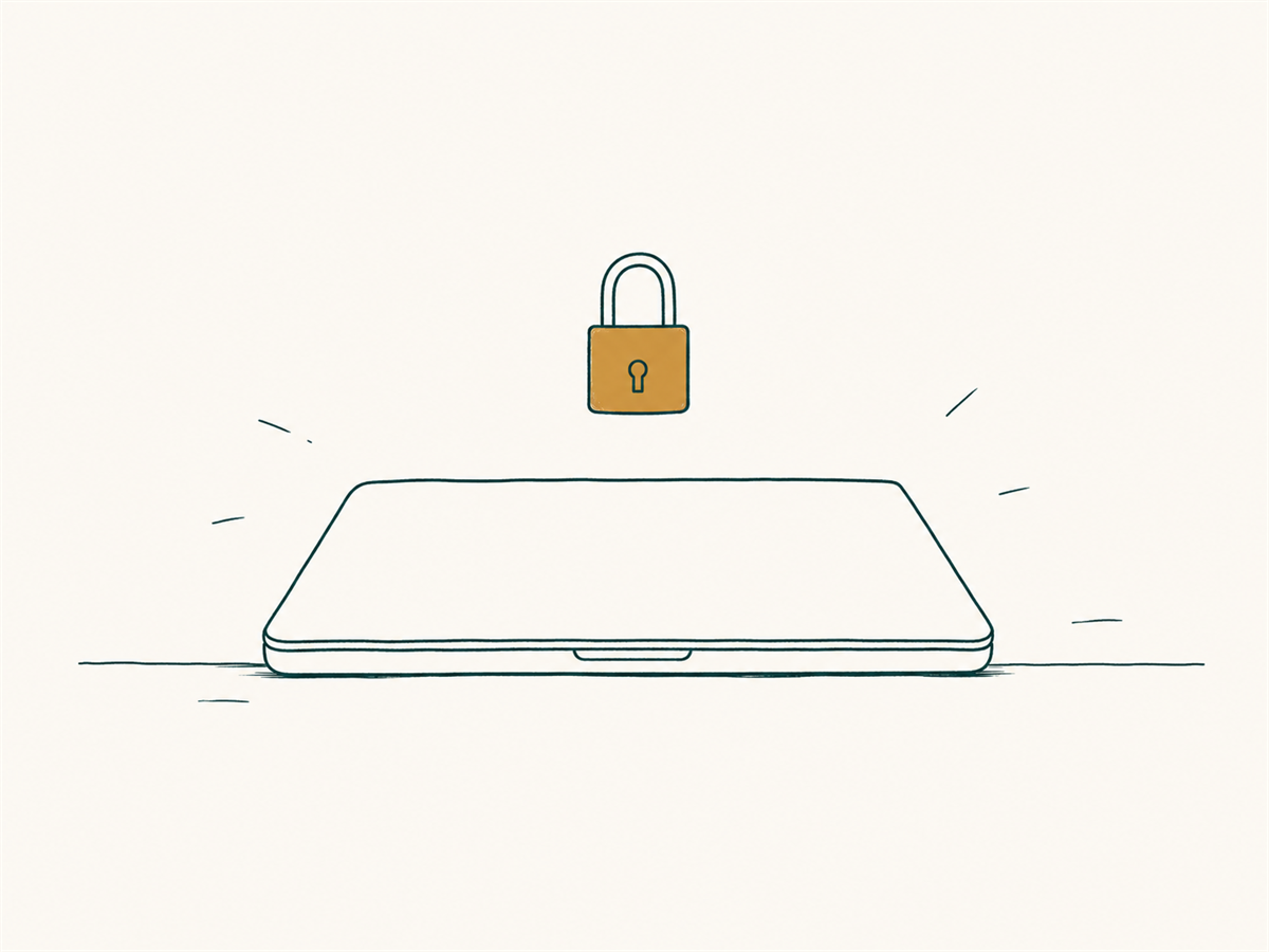 閉じたノート PC の上に浮かぶ南京錠、ツールがロックされて触られない状態を表すイラスト